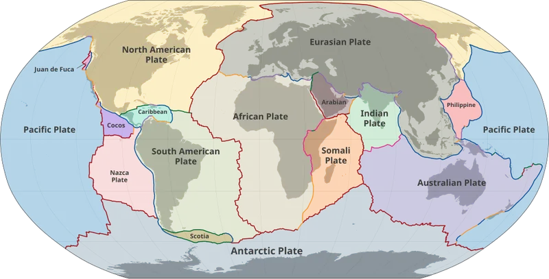 世界の主要プレートを色分けした地図