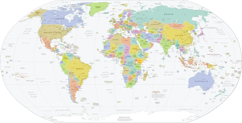 ロビンソン図法 の 世界 政治地図 (国境 を 色 分け)