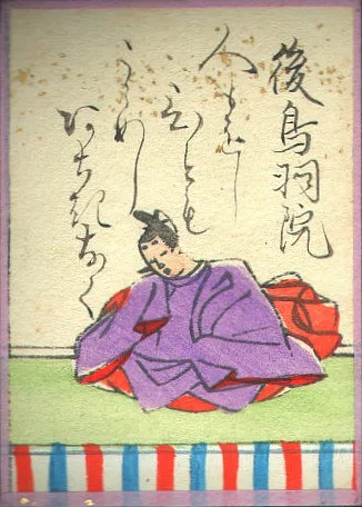 江戸時代の歌がるたの絵札。後鳥羽院の姿と歌が描かれている