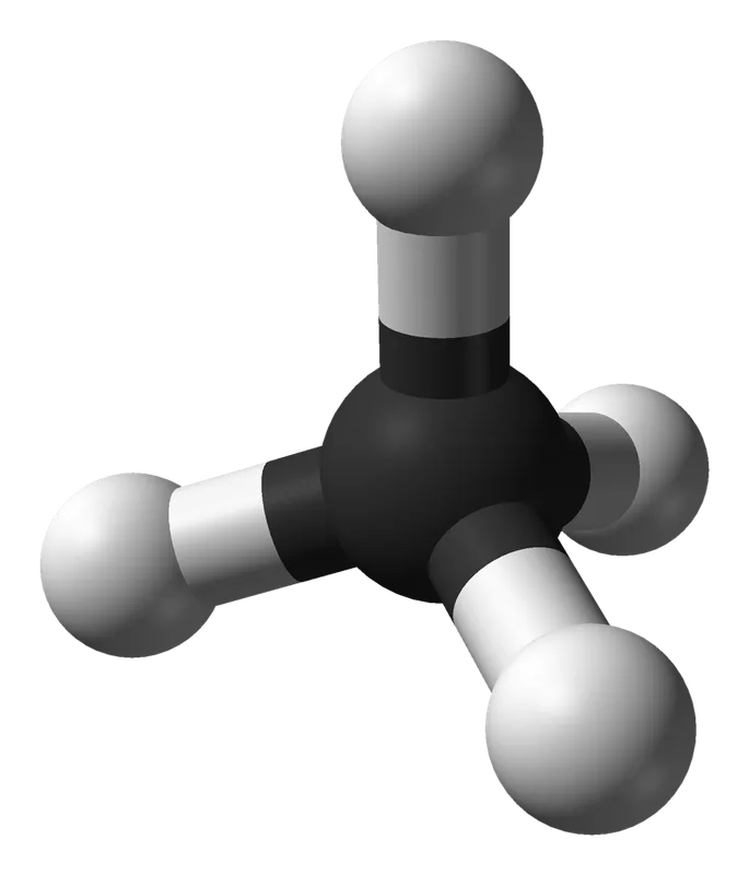 中央の炭素原子に4つの水素原子が正四面体に配置されたメタン分子