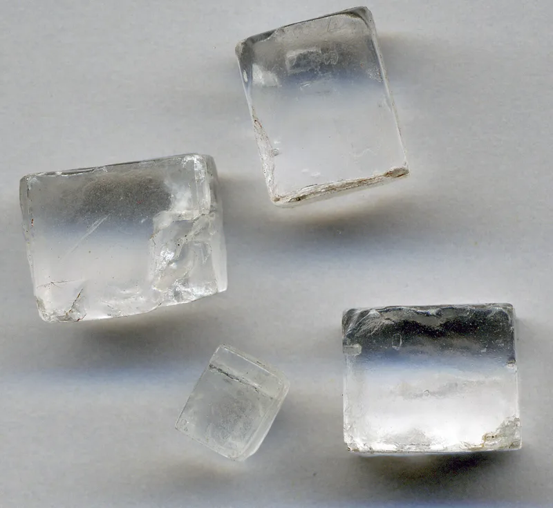 サイコロのような立方体の食塩 (ハライト) の結晶4つ