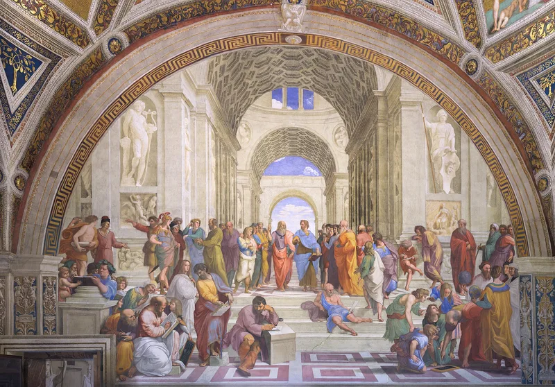 ラファエロのフレスコ画アテネの学堂。 古代ギリシアの哲学者たちが描かれる