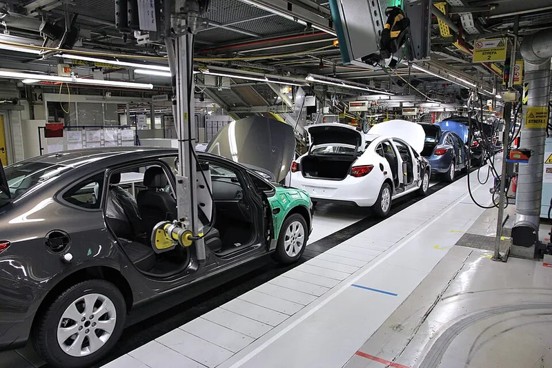 ベルトコンベアに乗って流れる組み立て中の自動車。海外の組立工場