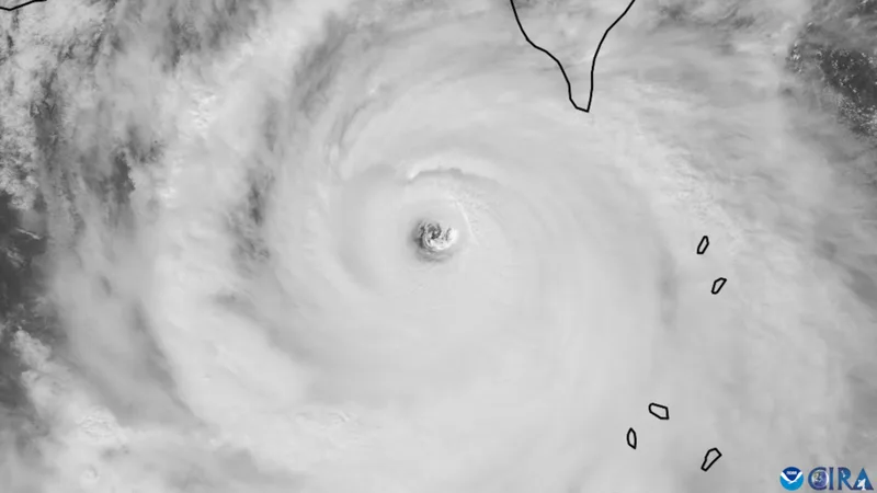 うずを巻き中心に目がある台風の衛星画像